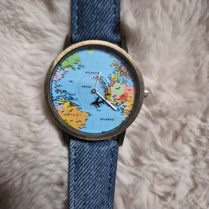 Mini World Travel Watch Airplane Map Faux Denim Blue Jean Atlantic Ocean Travele
